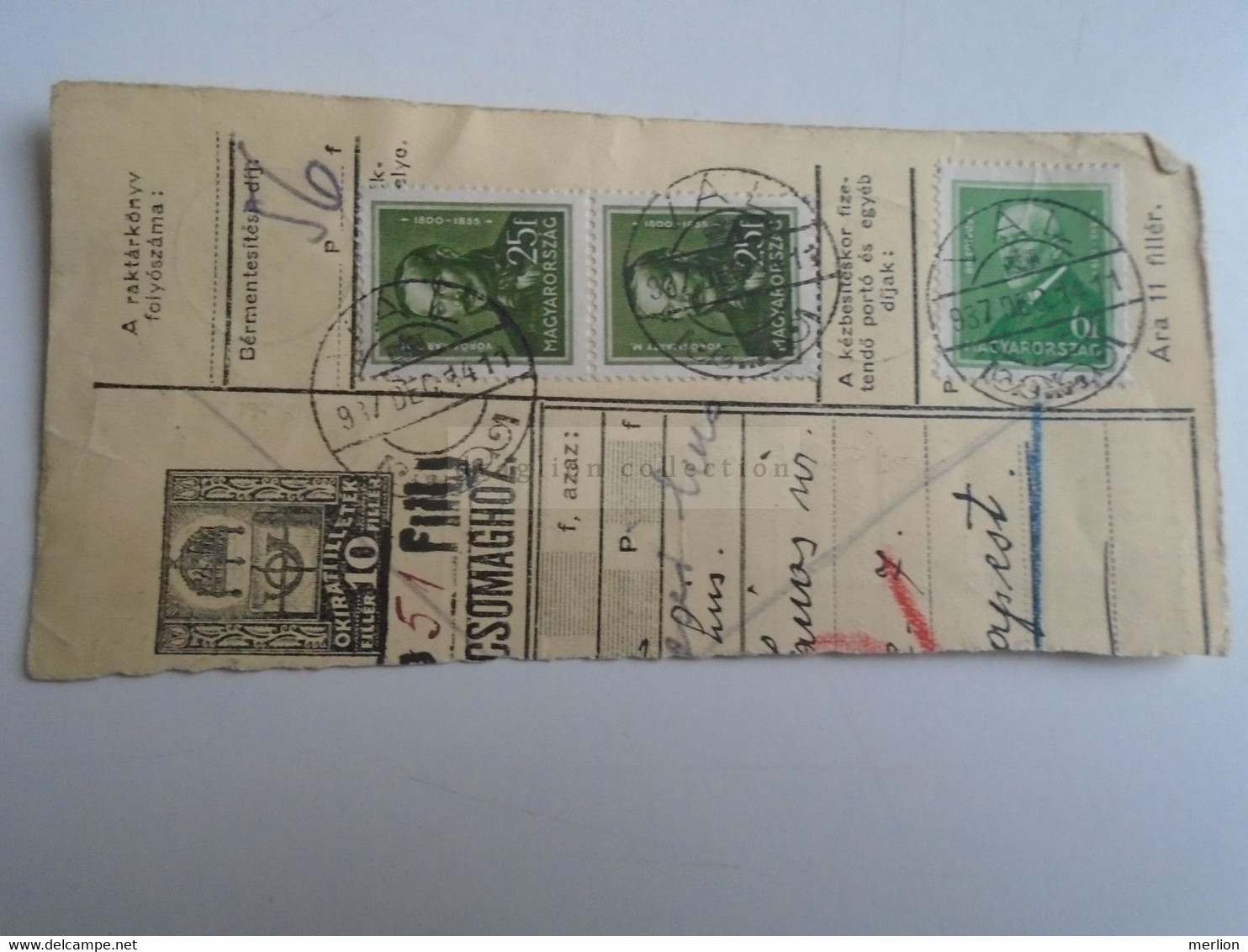 D187446   Parcel Card  (cut) Hungary 1937 VÁL - Postpaketten