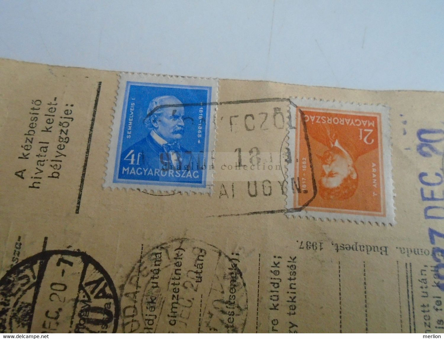 D187470  Parcel Card  (cut) Hungary 1937 RÁBAKECZÖL  Rábakecöl - Postpaketten