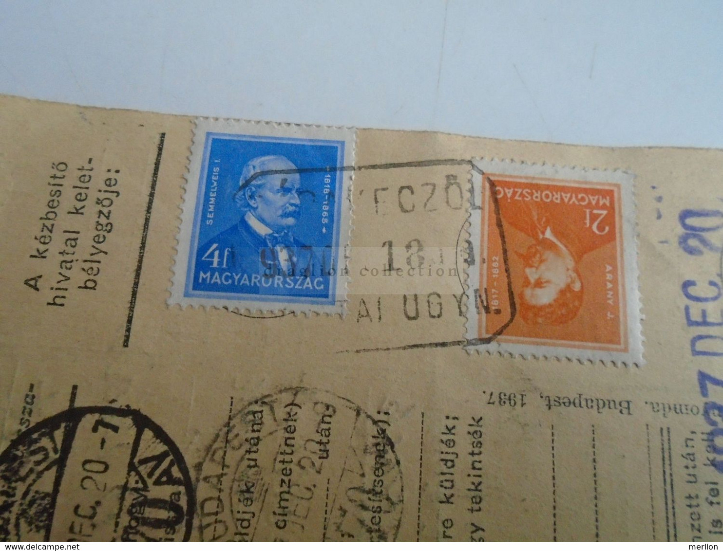 D187470  Parcel Card  (cut) Hungary 1937 RÁBAKECZÖL  Rábakecöl - Paketmarken