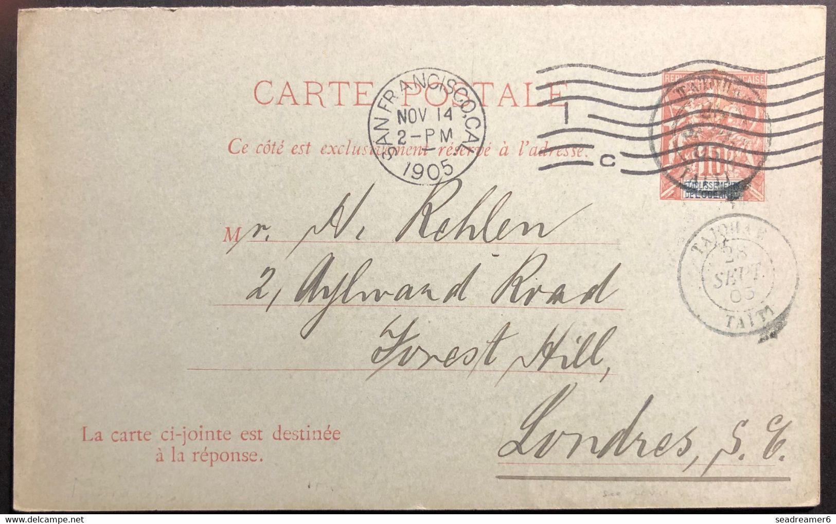 Colonies TAHITI Marquises Entier Carte Reponse Payé Obl Dateur De TAIOHAE 1905 Pour Londres Par Goelette "EIMEO" RR - Brieven En Documenten