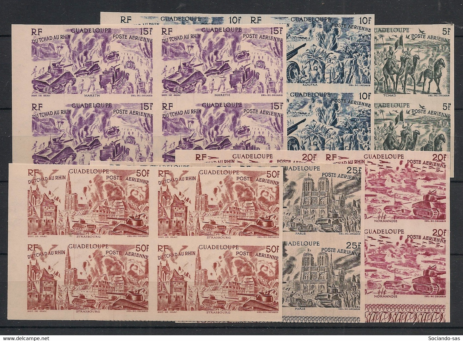 GUADELOUPE - 1946 - PA N°Yv. 7 à 12 - Tchad Au Rhin WW2 - Non Dentelé / Imperf. - Blocs De 4 - Neuf Luxe ** / MNH - Luftpost