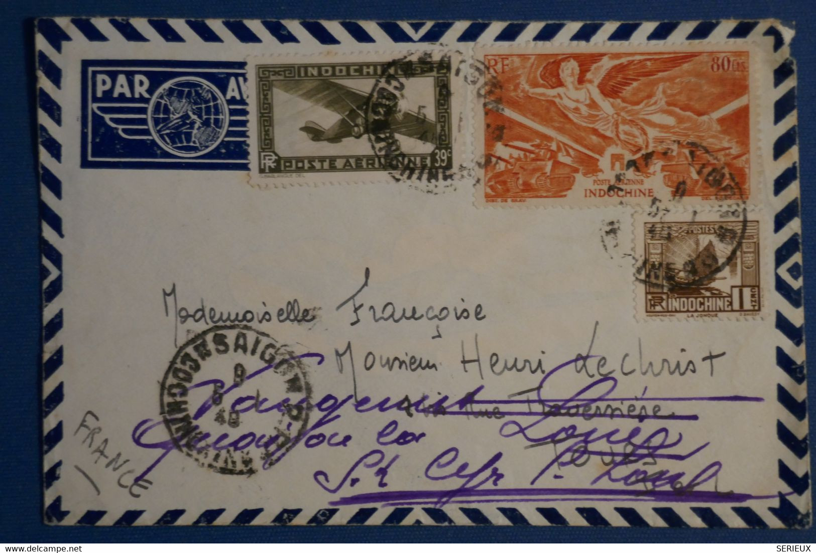 AM8 INDO CHINA    BELLE LETTRE  1949 PAR AVION  SAIGON   A LA TRAVERSIERE REDISTRIBUEE  + ++AFFRANCH. INTERESSANT - Lettres & Documents