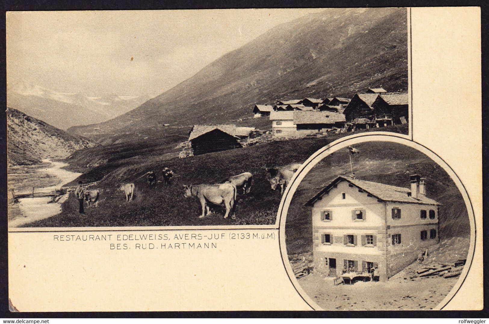 Um 1920 Ungelaufene AK Restaurant Edelweiss In Avers-Juf. Privat Hotelstempel Rückseitig. - Avers