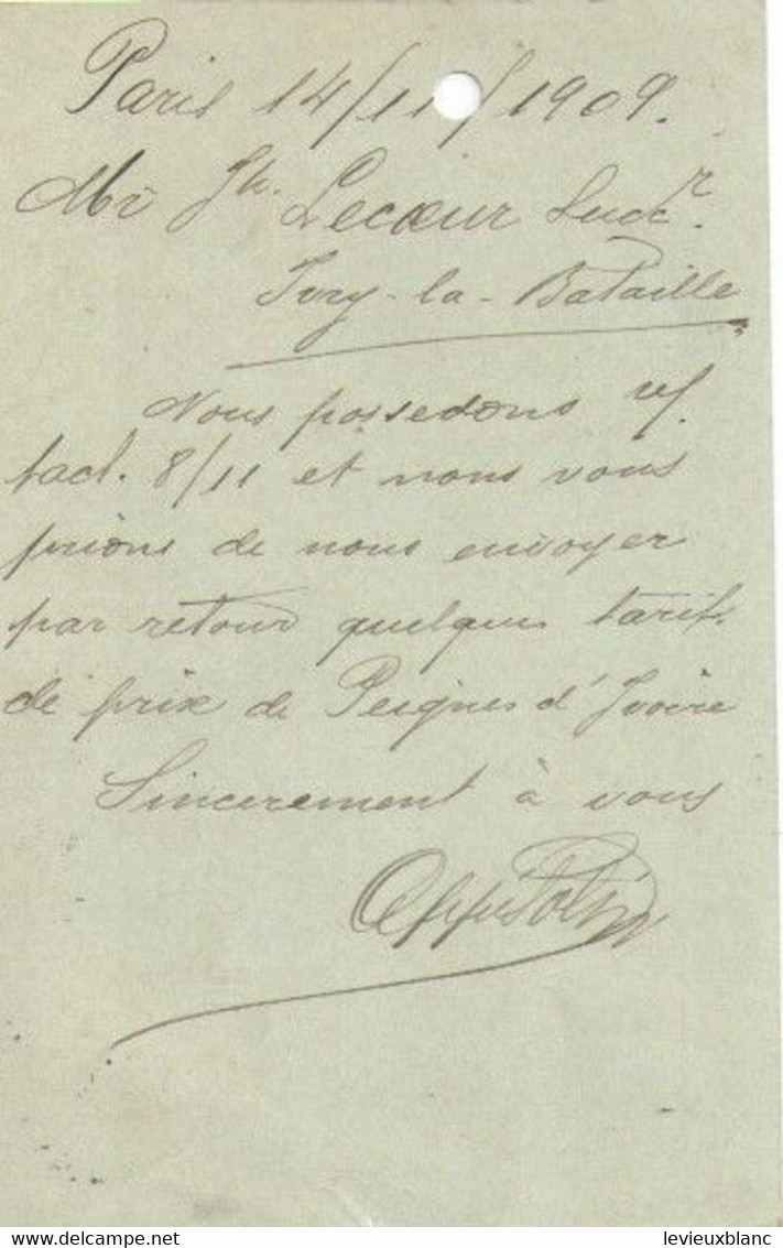 OPPE & SOTERAS/Paris /LECOEUR/Fabricant De Peignes En Ivoire/Ivry La Bataille/Eure/1909             FACT558 - Drogerie & Parfümerie