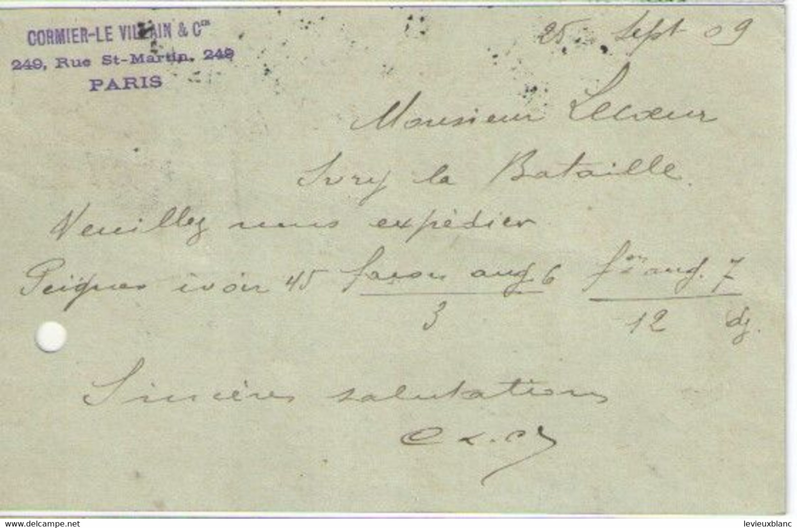 CORMIER LE VILAIN & Cie/Paris /LECOEUR/Fabricant De Peignes En Ivoire/Ivry La Bataille/Eure/1909             FACT559 - Perfumería & Droguería