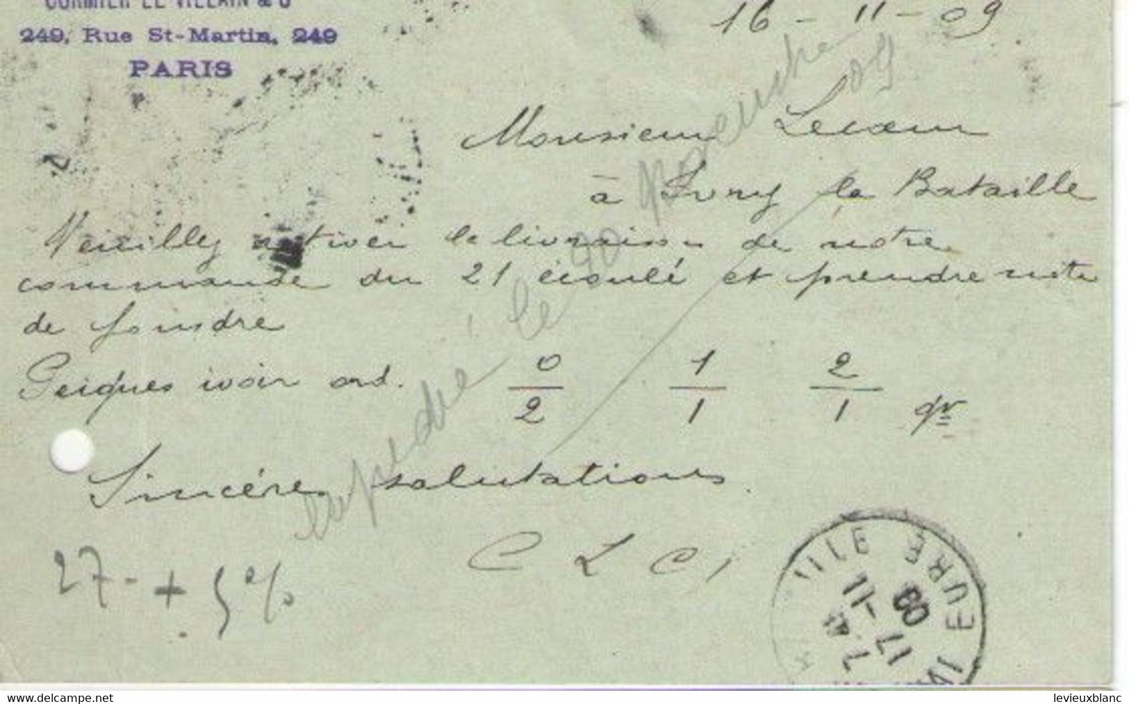 CORMIER LE VILAIN & Cie/Paris /LECOEUR/Fabricant De Peignes En Ivoire/Ivry La Bataille/Eure/1909             FACT560 - Drogerie & Parfümerie