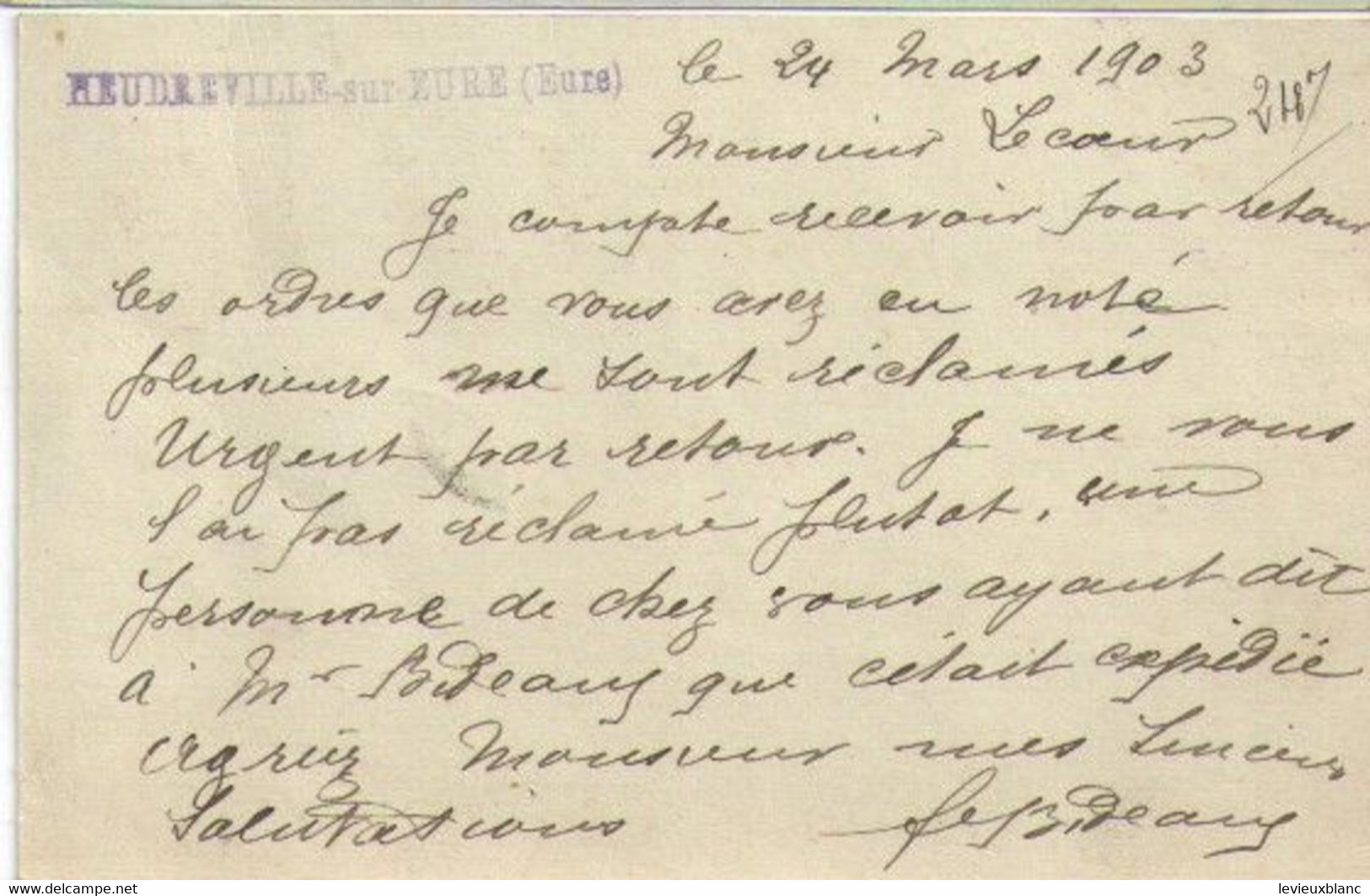 Henri BIDEAUX Fil/Fabricant De Peignes/Mouettes/LECOEUR/Fabricant De Peignes Ivoire/Ivry La Bataille/Eure/1903   FACT565 - Profumeria & Drogheria