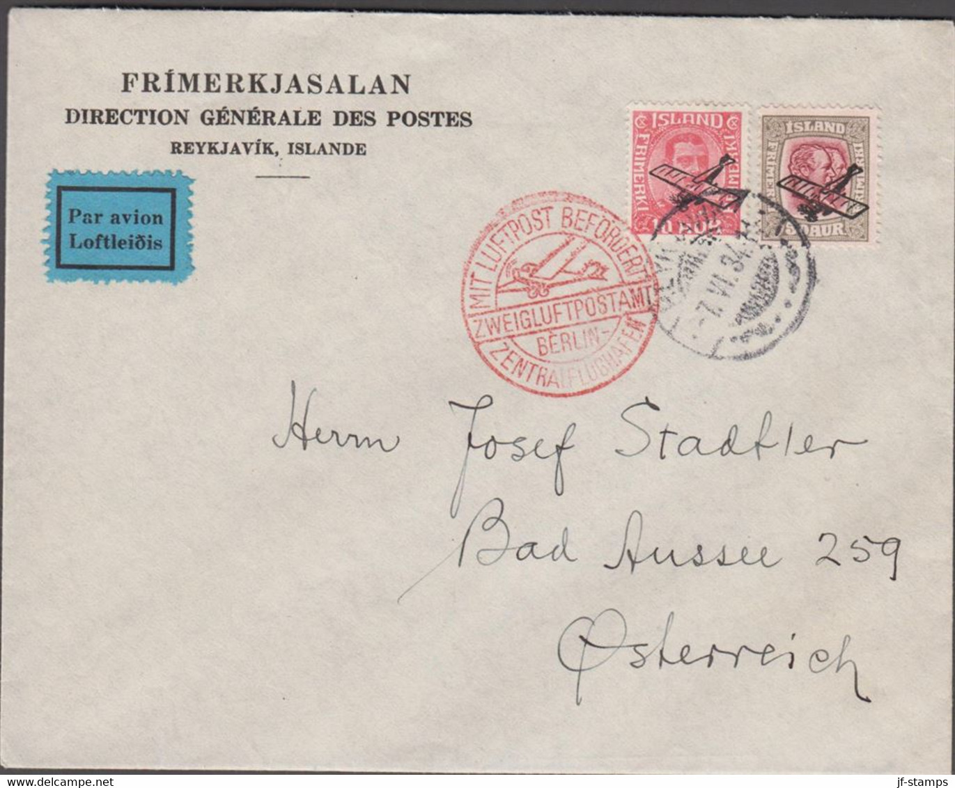 1928-1929. ISLAND. Air Mail. Overprint. Set Of 2 On AIR MAIL Loftleidis Cover To Österrei... (Michel 122-123) - JF514598 - Lettres & Documents