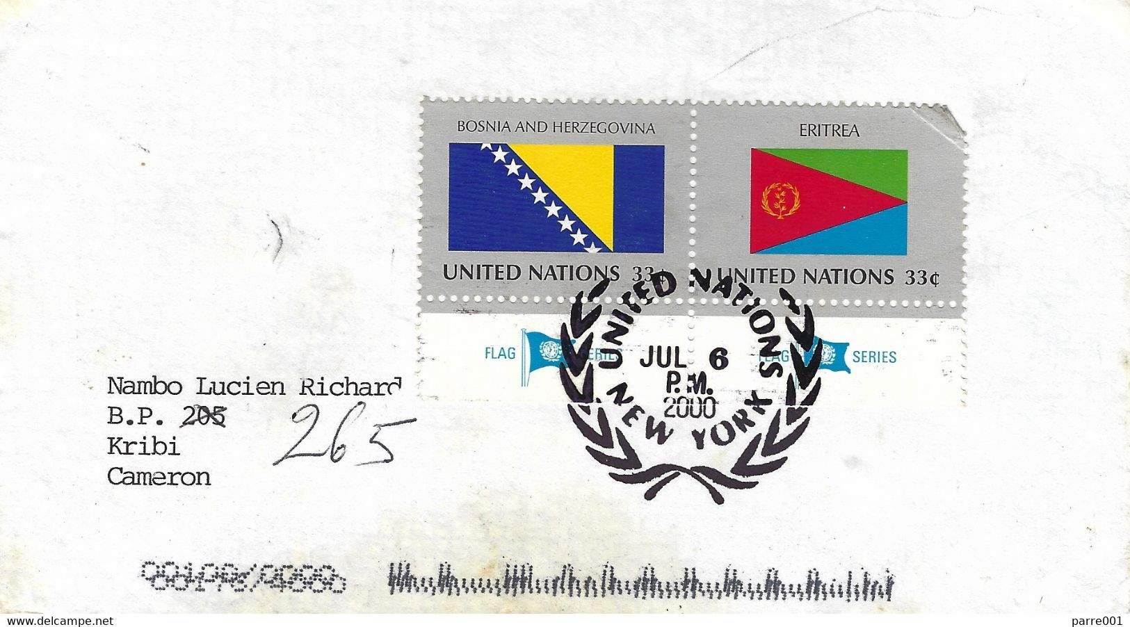 United Nations 2000 New York Flag Bosnia Herzegovina Eritrea Cover To Cameroun - Briefe