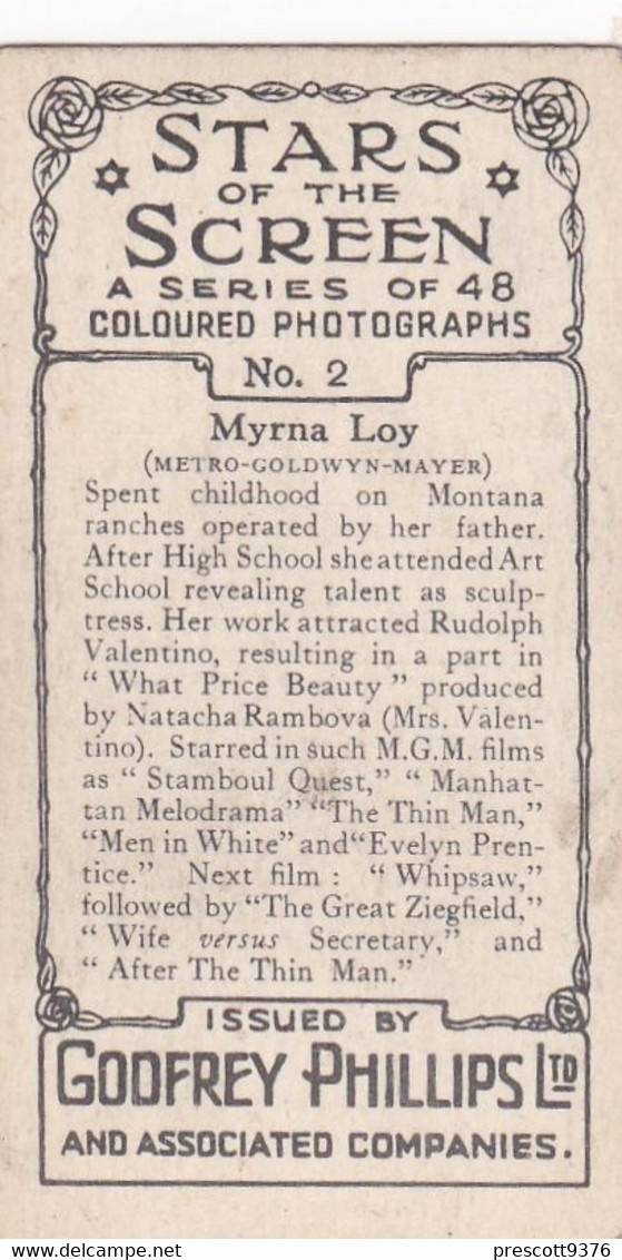 2 Myrna Loy - Stars Of The Screen 1936 - Original Phillips Cigarette Card - Film- Coloured Photo - Phillips / BDV