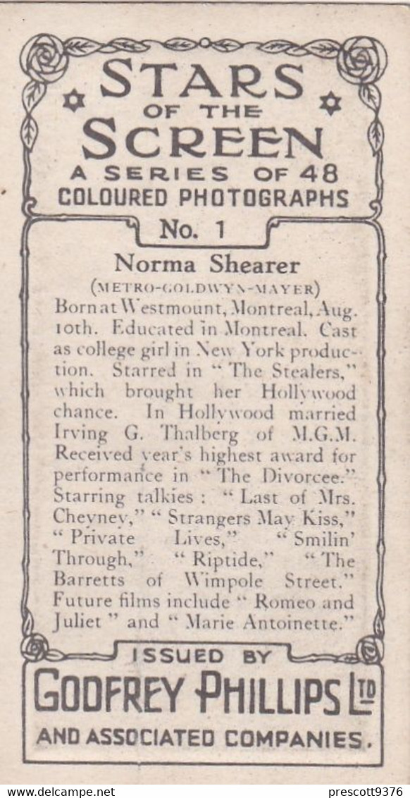 1 Norma Shearer - Stars Of The Screen 1936 - Original Phillips Cigarette Card - Film- Coloured Photo - Phillips / BDV