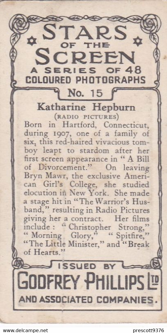 15 Katherine Hepburn - Stars Of The Screen 1936 - Original Phillips Cigarette Card - Film- Coloured Photo - Phillips / BDV