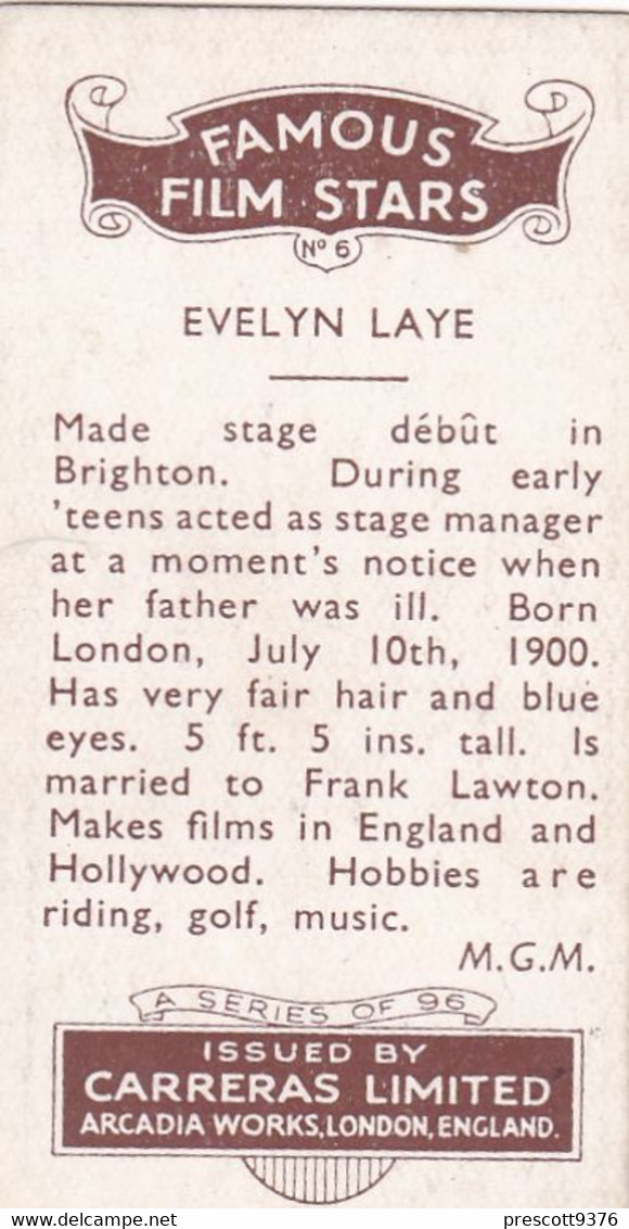 6 Evelyn Laye - Famous Film Stars 1935 - Original Carreras Cigarette Card - - Phillips / BDV