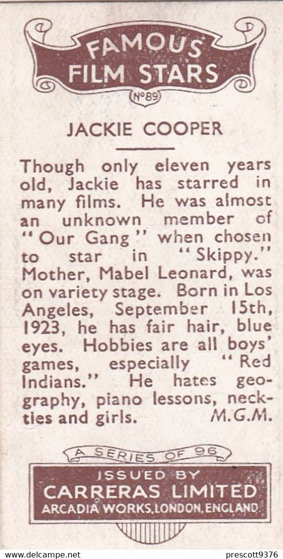 89 Jackie Cooper - Famous Film Stars 1935 - Original Carreras Cigarette Card - - Phillips / BDV