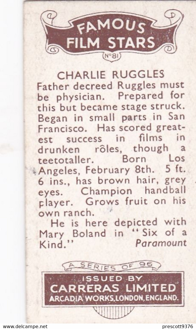 81 Charlie Ruggles & Mary Boland - Famous Film Stars 1935 - Original Carreras Cigarette Card - - Phillips / BDV