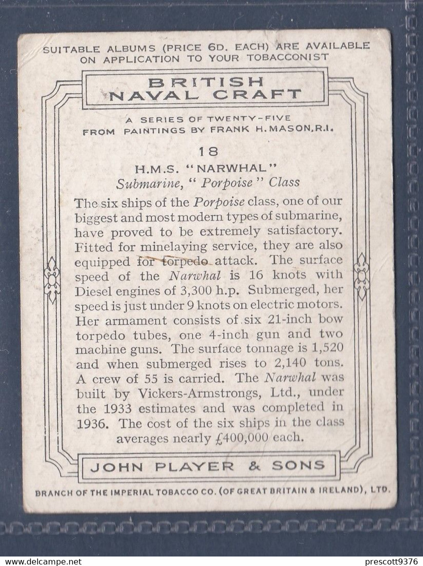 18 HMS Narwhal, Porpoise Class Submarine - Players  Naval Craft 1939 - Original Players Cigarette Card - L Size 6x8cm - Phillips / BDV