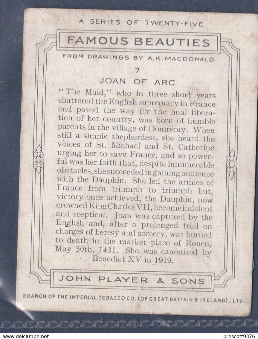 7 Joan Of Arc  - Famous Beauties 1937 - Original Players Cigarette Card - L Size 6x8cm - Phillips / BDV