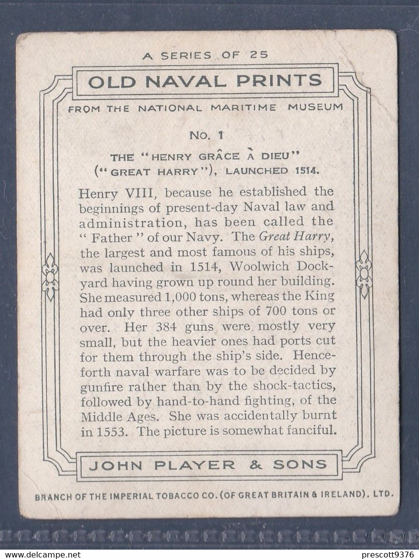 Old Naval Prints 1936  - 1 "Henry Grace A Dieu" Great Harry  - Original Players Cigarette Card - L Size 6x8cm - Phillips / BDV