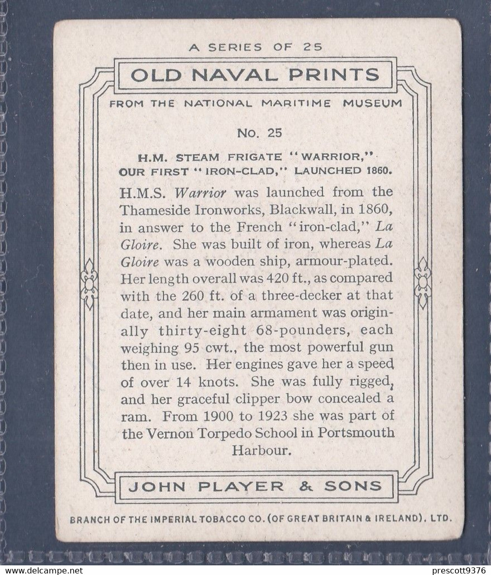 Old Naval Prints 1936  - 25 HM Steam Frigate "Warrior"  - Original Players Cigarette Card - L Size 6x8cm - Phillips / BDV