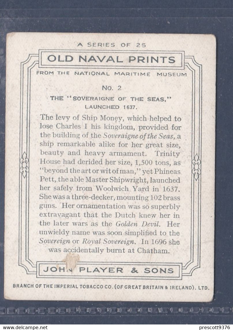 Old Naval Prints 1936  -  2 "Sovereign Of The Seas" - Original Players Cigarette Card - L Size 6x8cm - Phillips / BDV