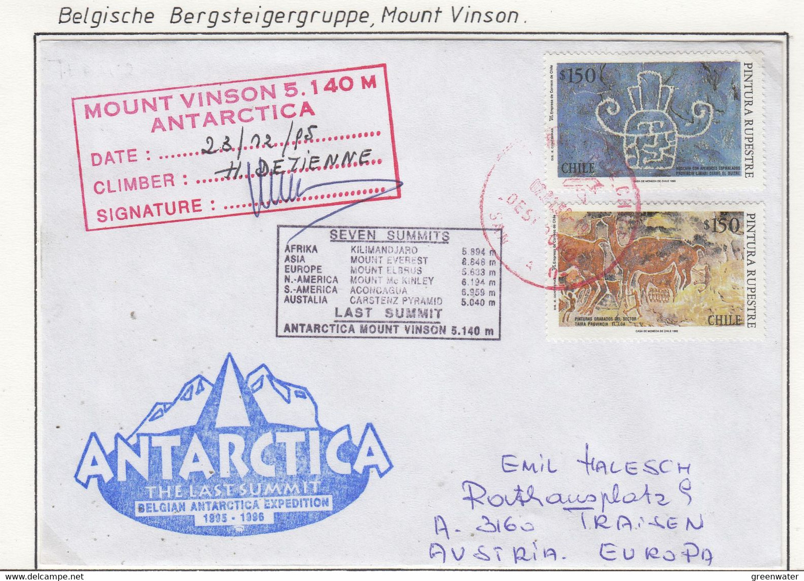 Mount Vinson 1995 Cover Climber H. Detienne 23/12/95 Signature  (AB217B) - Briefe U. Dokumente