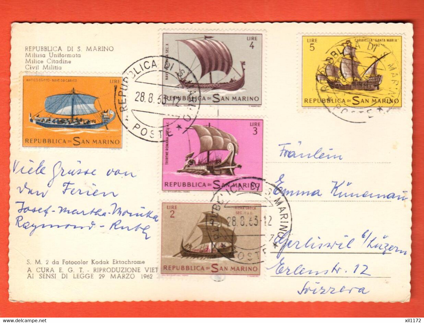 FO-19 San Marino 5 Timbres Sur Carte Postale   Circulé 1963 Vers La Suisse Grand Format - Briefe U. Dokumente