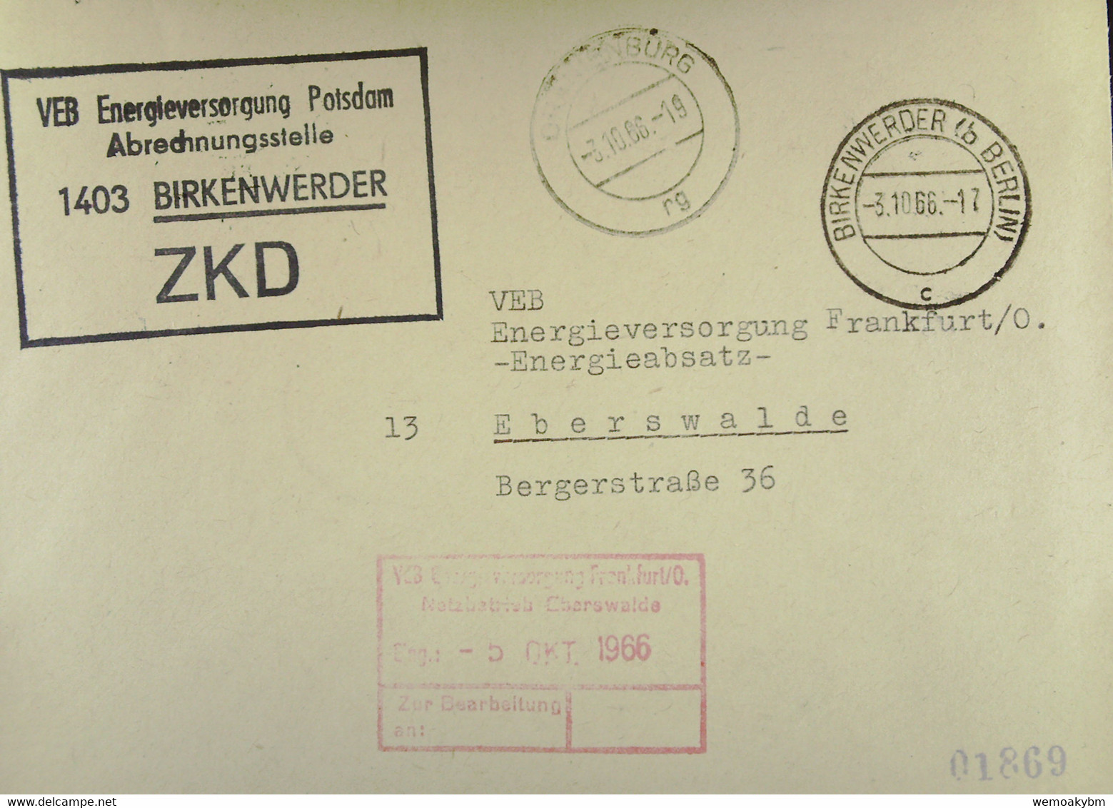 Fern-Brf Mit ZKD-Kastenstpl. "VEB Energieversorgung Potsdam Abrechnungsstelle 1403 BIRKENWERDER" 3.10.66 Nach Eberswalde - Zentraler Kurierdienst