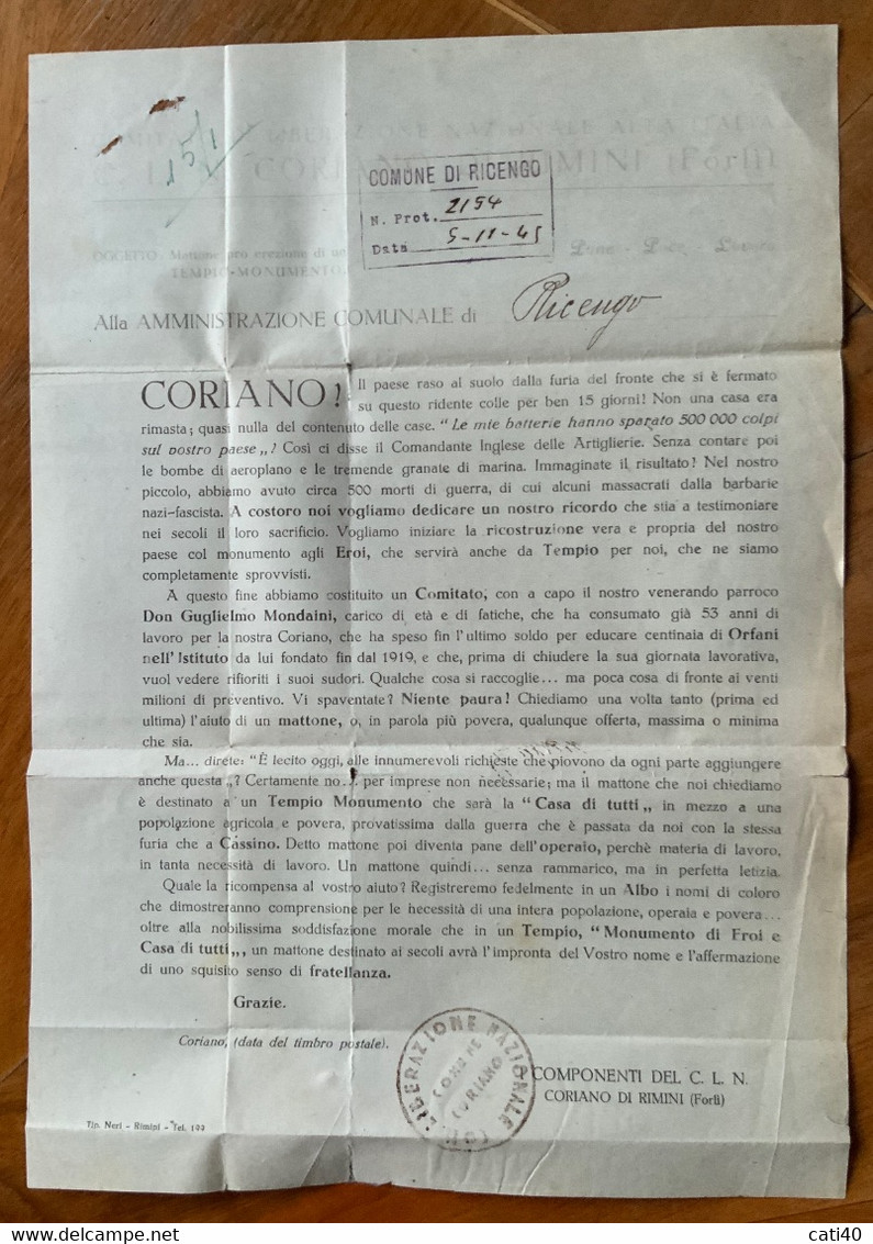 CORIANO DI RIMINI - LETTERA DEL COMITATO DI LIBERAZIONE NAZIONALE 5/11/45 "CORIANO Il Paese Raso Al Suolo..." - Comité De Libération Nationale (CLN)