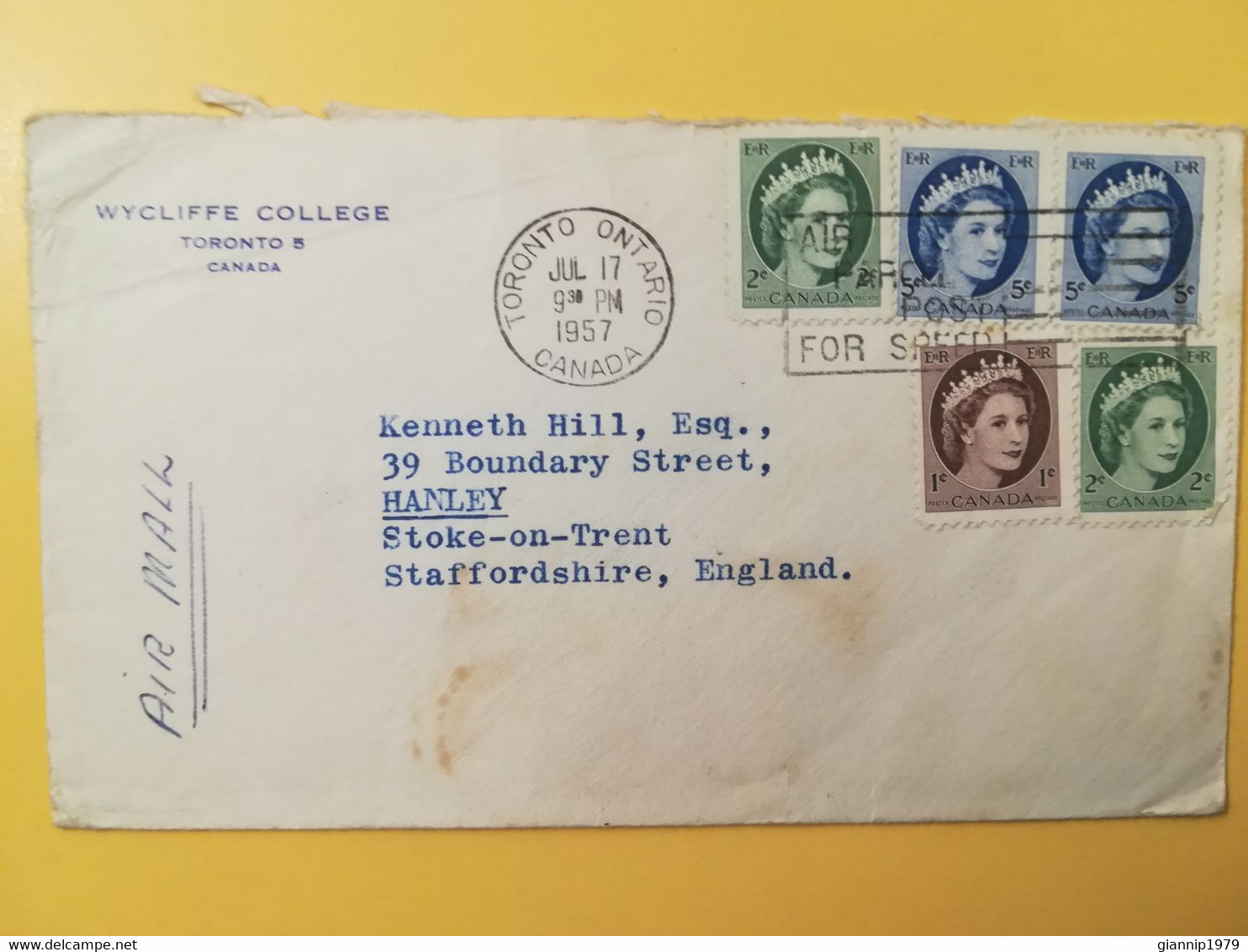 1957 BUSTA COVER INTESTATA CANADA  BOLLO QUEEN ELIZABETH OBLITERE' TORONTO SLOGAN TO ENGLAND - Storia Postale