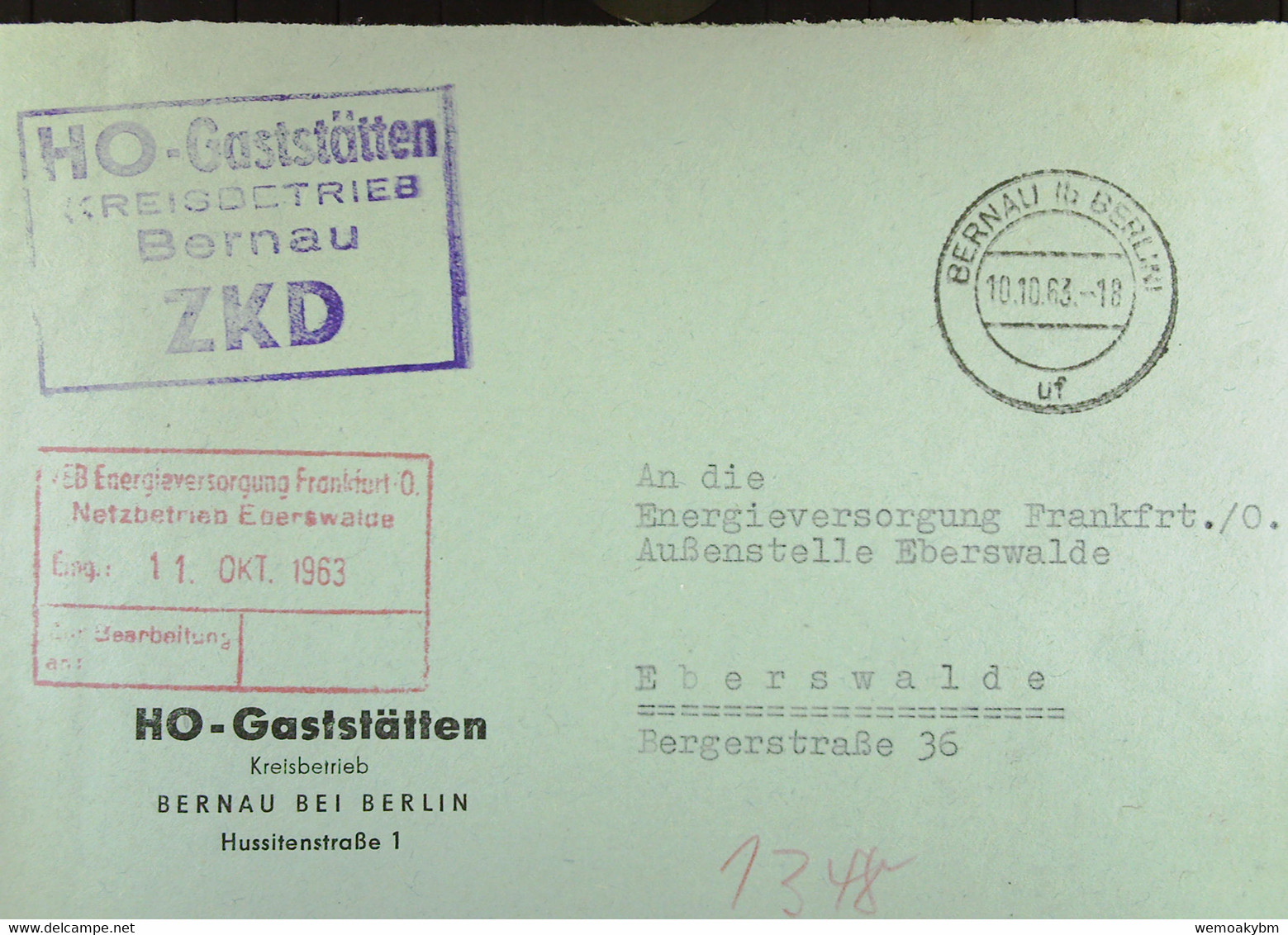 Fern-Brief Mit ZKD-Kastenstempel "HO-Gaststätten Kreisbetrieb Bernau" 10.10.63 Nach EV Frankfurt/-Netzbetrieb Eberswalde - Zentraler Kurierdienst