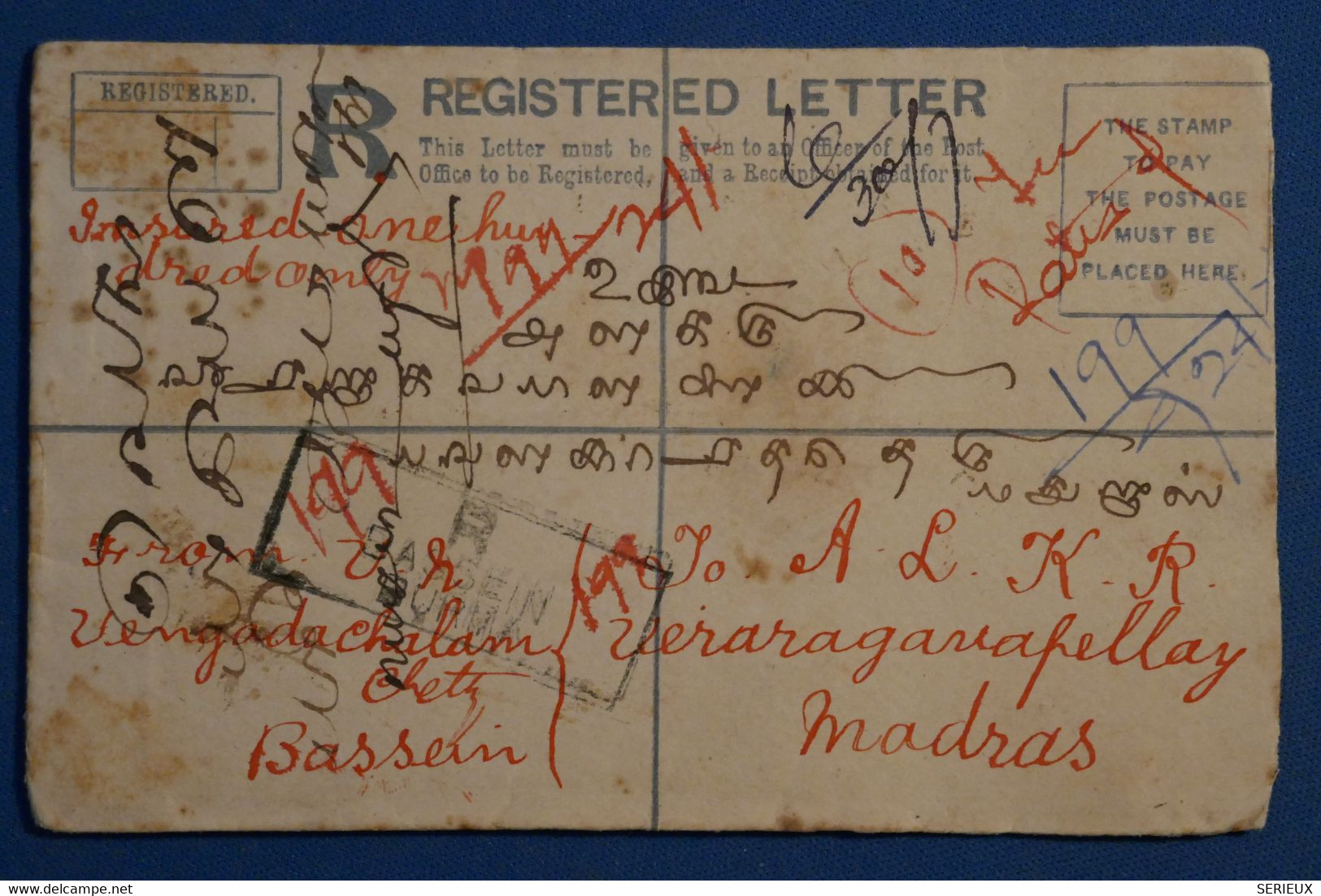 AN1 INDE BELLE  LETTRE RECOM.  1912 POUR MADRAS +++CACHET CIRE +++AFRANCH. INTERESSANT - 1911-35  George V