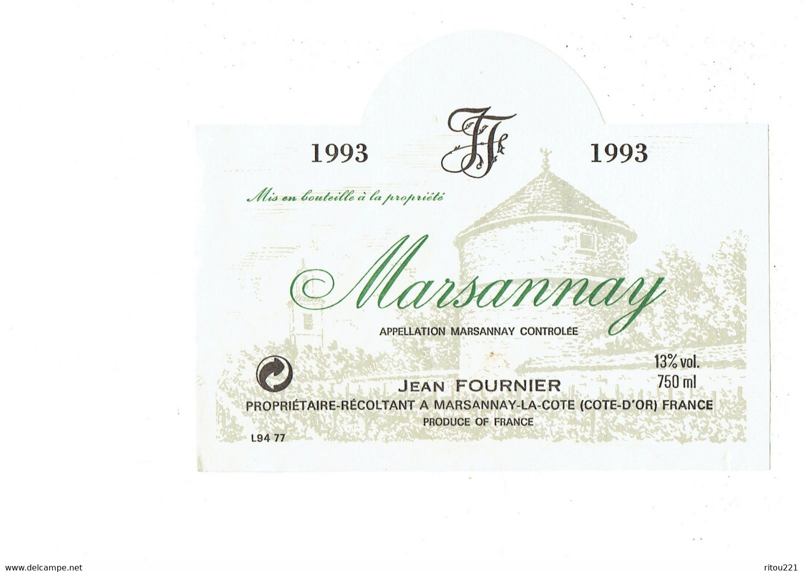 Etiquette De Vin - MARSANNAY - 21 - Jean Fournier 1993 - Illustration Tour Château - Castillos