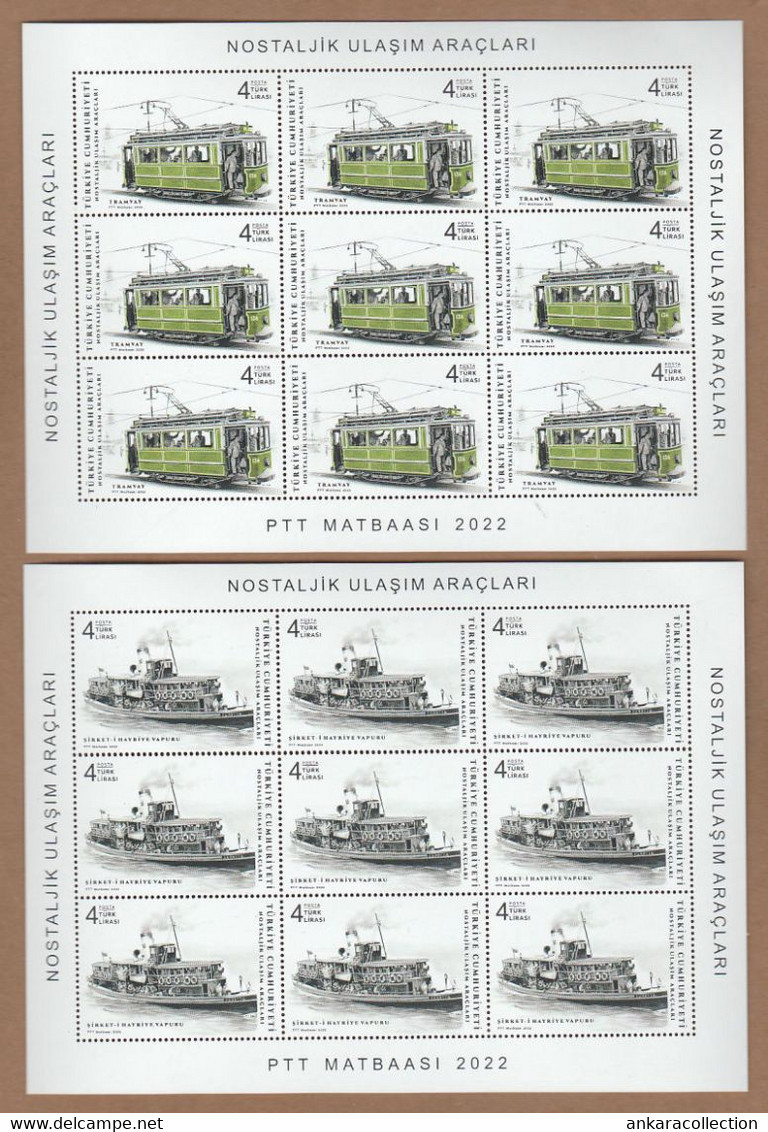 AC - TURKEY STAMP - NOSTALJIK MEANS OF TRANSPORTATION TROLLEY BUS, TRAM, SUBURBAN RAIL, FERRY MNH FULL SHEETS 2022 - Ungebraucht