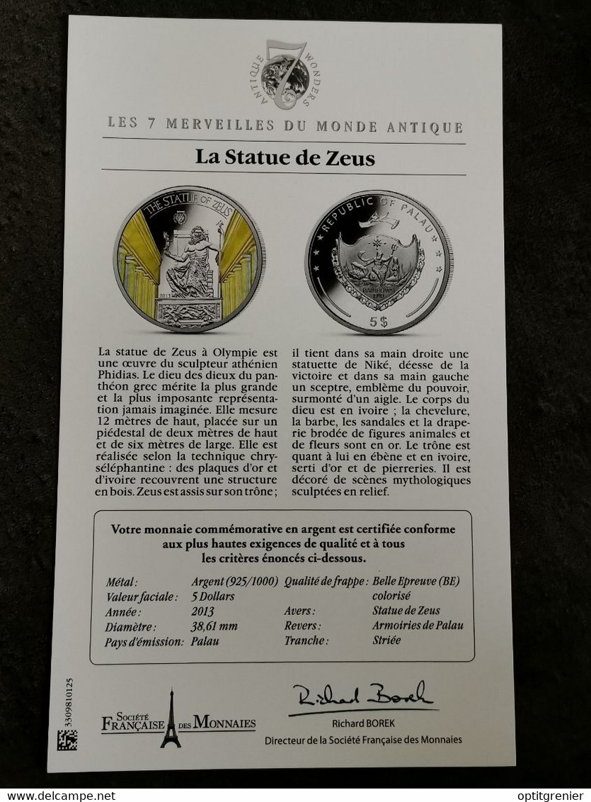 5 DOLLARS ARGENT BE PALAU 2013 / LA STATUE DE ZEUS / + CERTIFICAT / LES 7 MERVEILLES DU MONDE ANTIQUE / WONDERS - Palau