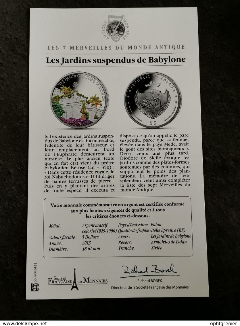 5 DOLLARS ARGENT BE PALAU 2013 / LES JARDINS SUSPENDUS DE BABYLONE / + CERTIFICAT / LES 7 MERVEILLES DU MONDE / WONDERS - Palau