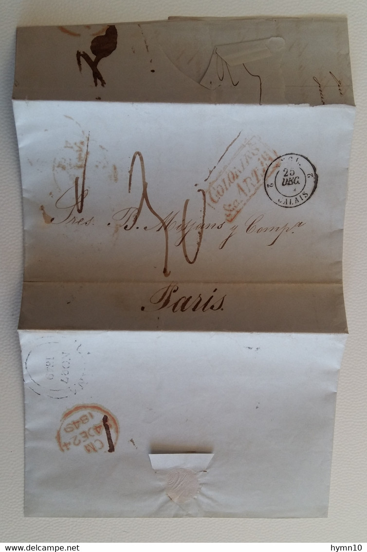 1849 Lettera Da AVANA A PARIGI+cartella ROSSA COLONIES ART.13+diversi TIMRBI+TASSAZIONI Interessanti -$41 - Préphilatélie