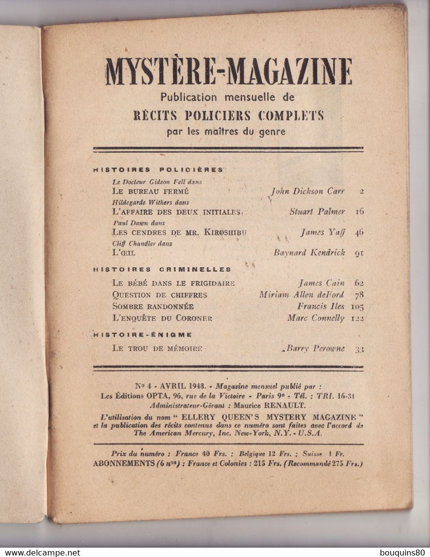 MYSTERE MAGAZINE N°4 1948 Récits Policiers Complets - Opta - Ellery Queen Magazine