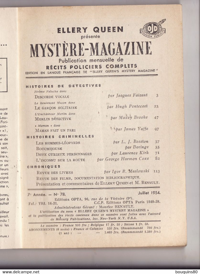 ELLERY QUEEN MYSTERE MAGAZINE N°78 1954 Récits Policiers Complets - Opta - Ellery Queen Magazine