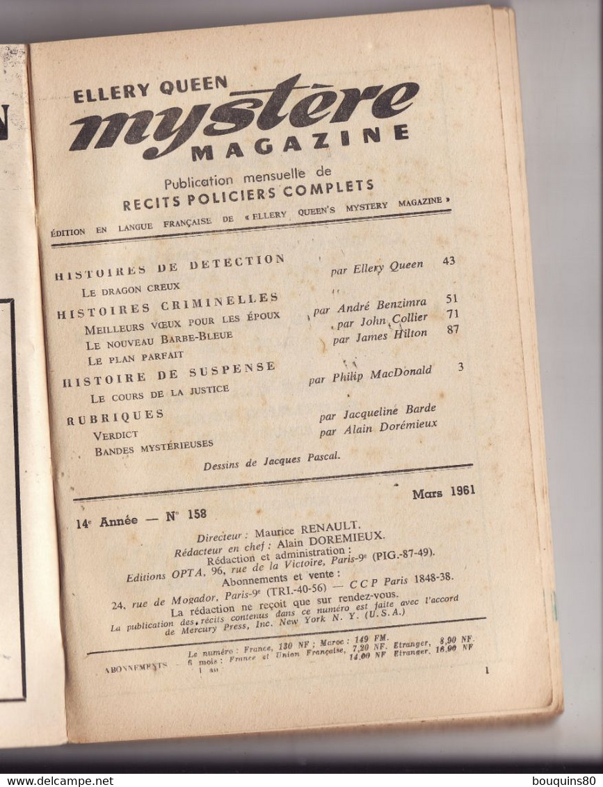 ELLERY QUEEN MYSTERE MAGAZINE N°158 1961 Récits Policiers Complets - Opta - Ellery Queen Magazine