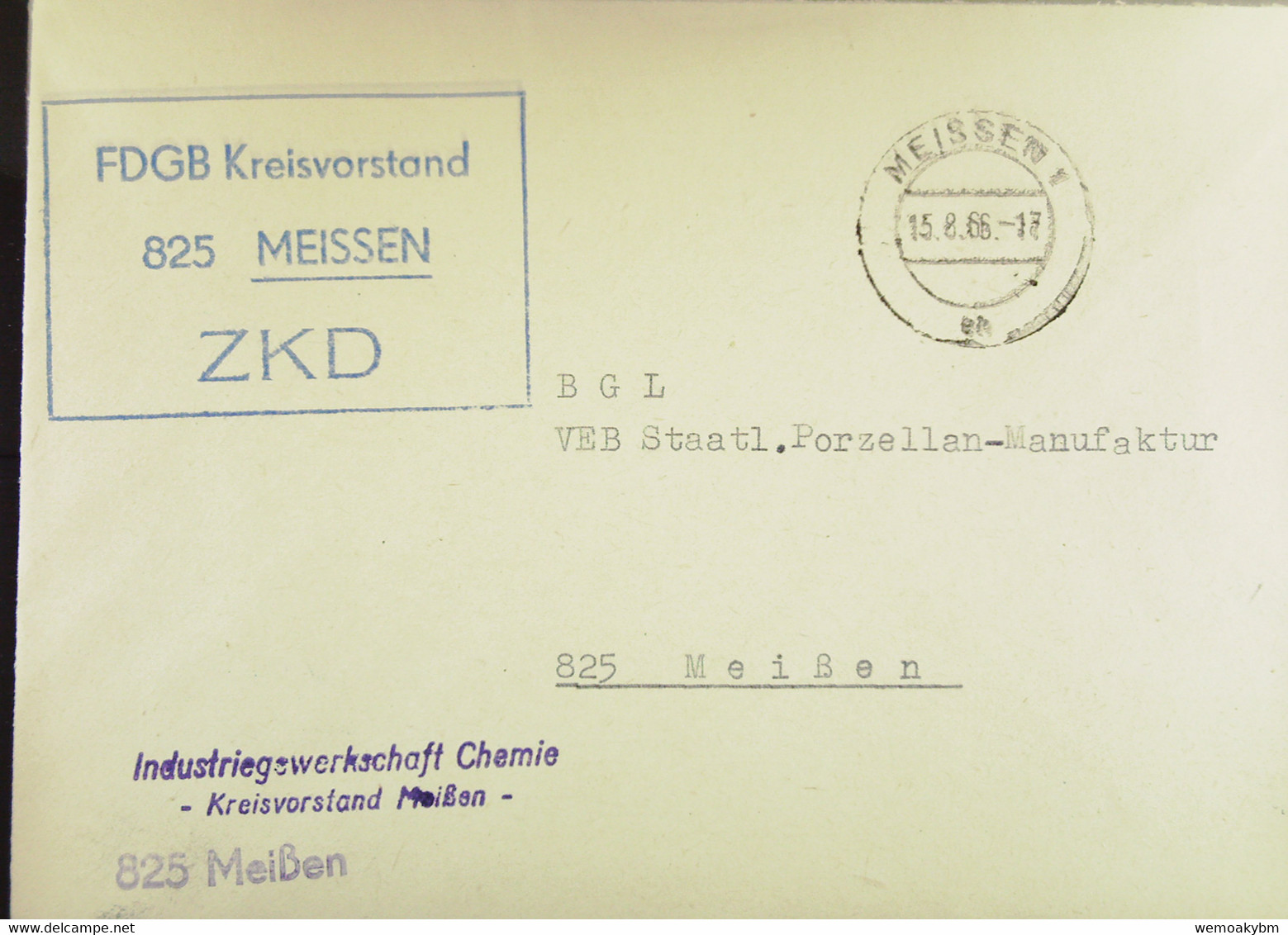 Orts-Brief Mit ZKD-Kastenstempel "FDGB Kreisvorstand 825 MEISSEN" Vom 15.8.66 An VEB Staatl. Porzellanmanufaktur Meißen - Service Central De Courrier