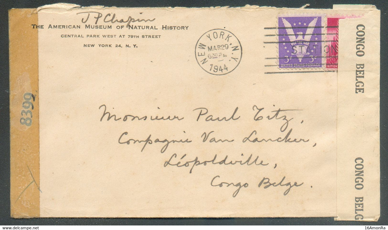 Guerre 40/45 - Lettre Exp. De NEW-YORK (USA) Le 29 Mars 1944 Vers Léopoldville + Double Censure Américaine Et Congolaise - Briefe U. Dokumente