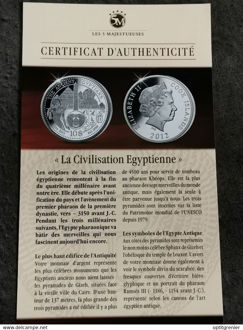 10 DOLLARS ARGENT 2012 1 OZ BIG SILVER 999 / ILES COOK / LA CIVILISATION EGYPTIENNE / COOK ISLANDS - Cook