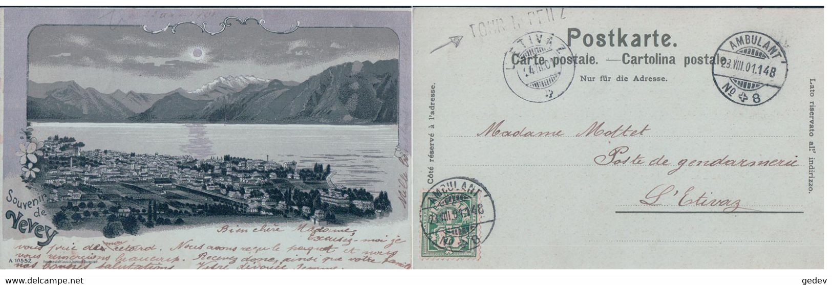 Souvenir De Vevey VD Au Clair De Lune + Cachet Linéaire TOUR De PEILZ, Litho (23.8.1901) - La Tour-de-Peilz