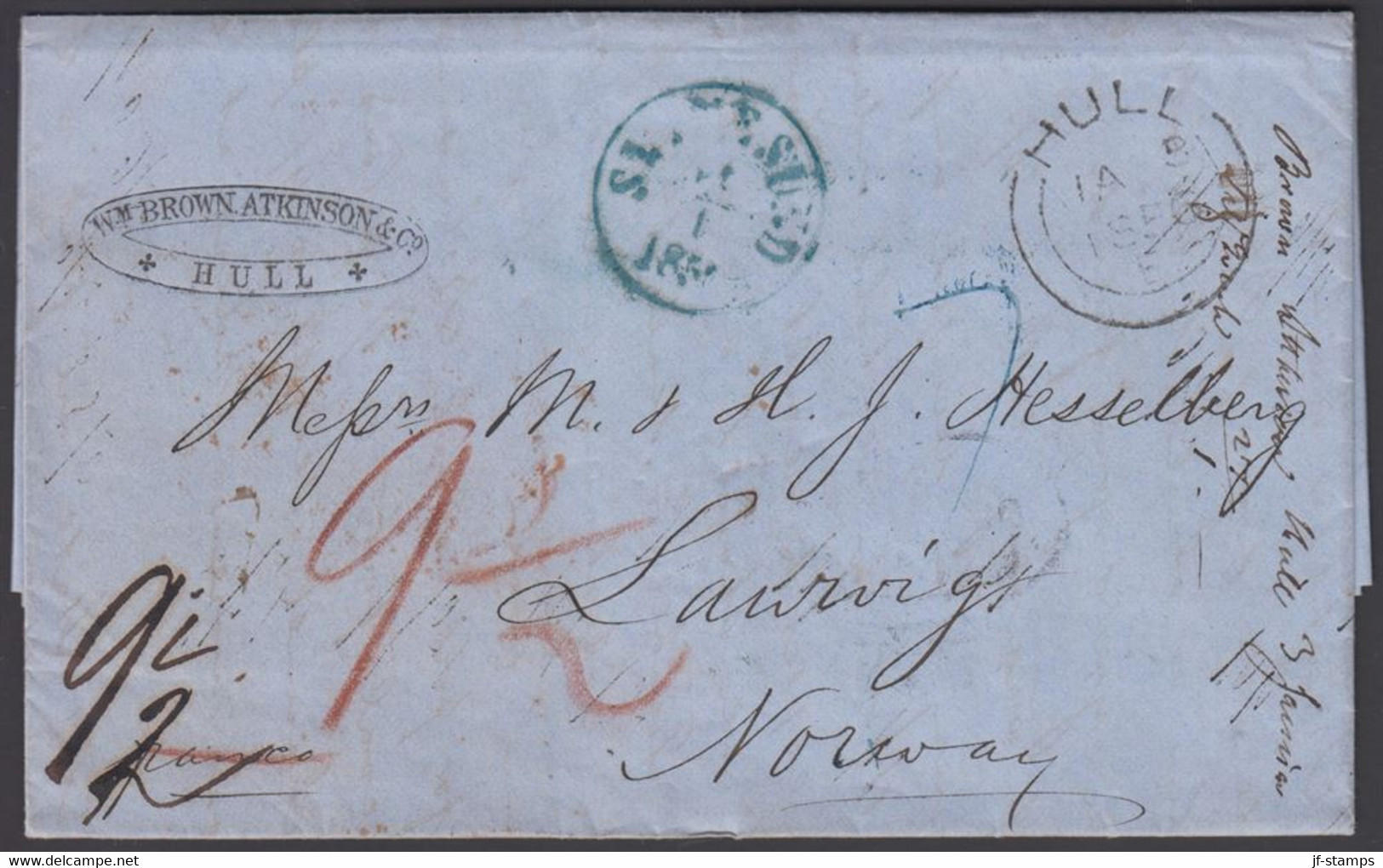 1856. Hull. Cover From Hull 3rd January 1856 Via  Hamburg To Laurvig, Norway. Several Cancels And Postal M... - JF321006 - ...-1855 Prefilatelia