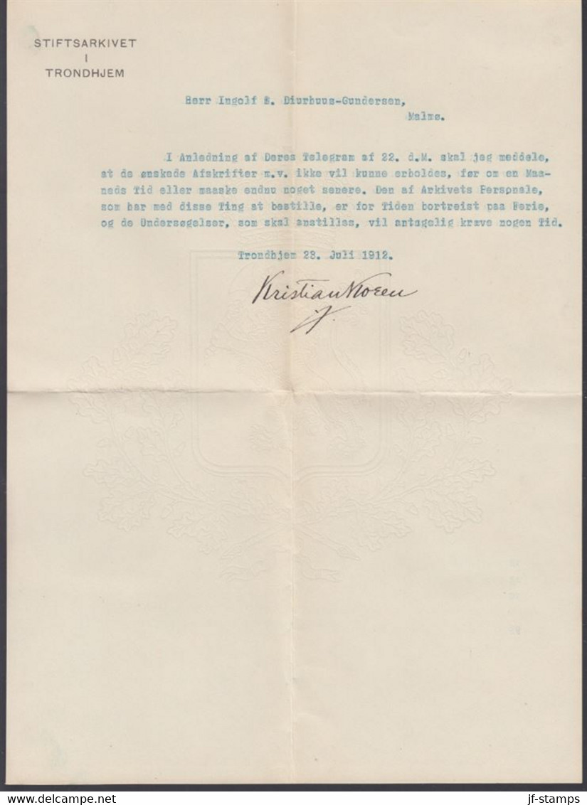 1912. NORGE. Very Interesting Official Cover Without Stamp From TRONDHJEM 23.VII.12 To Malmö. Noted On Fro... - JF368229 - ...-1855 Préphilatélie