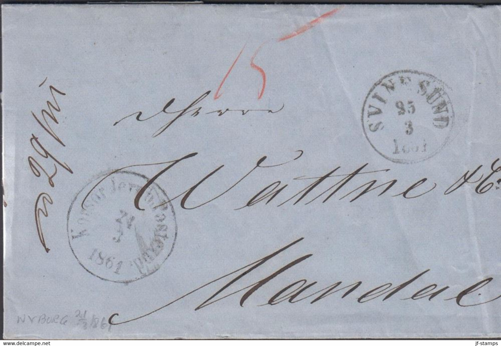 1861. DANMARK. Korsør Jernb. Postexpd 24 3 1861 On Cover To Mandal, Norge. Interesting Cover Dated In Nybo... - JF427620 - ...-1851 Prephilately