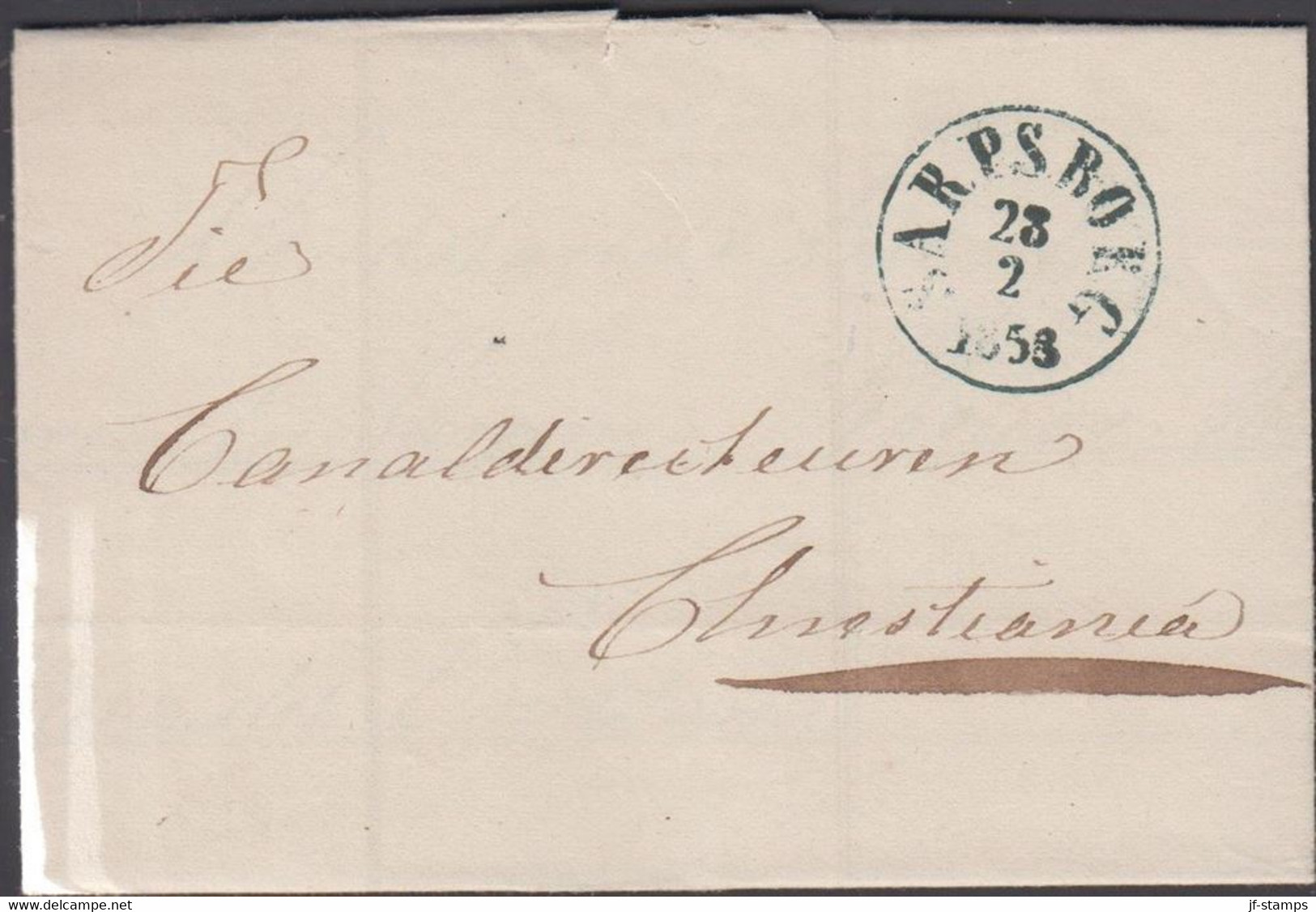 1853. NORGE. Beautiful Small Cover To Christiania With Sharp Postmark SARPSBORG 23 2 1853 In Black-blue. C... - JF427622 - ...-1855 Voorfilatelie