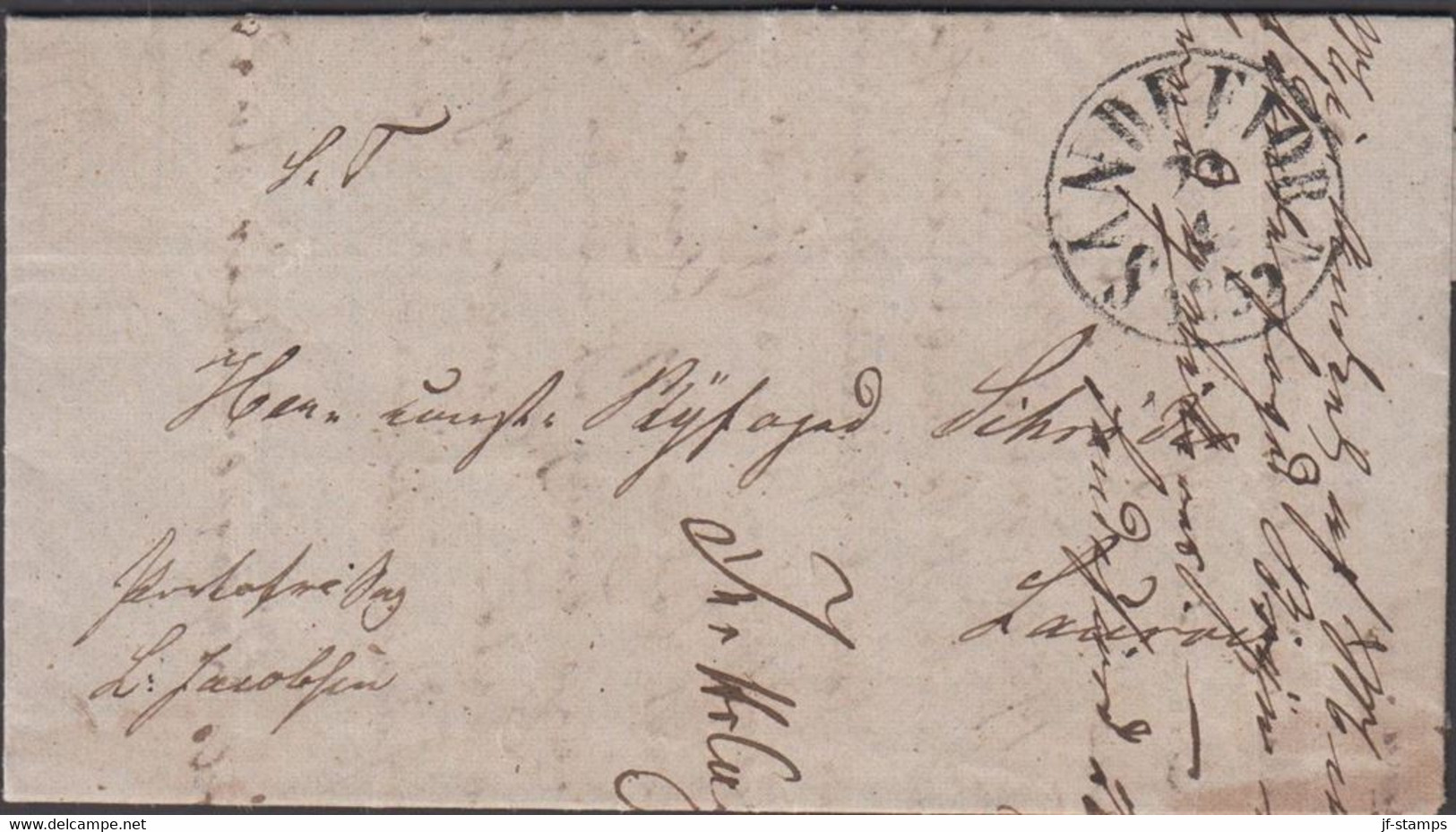 1852. NORGE. Small Cover To Laurvig Cancelled SANDEFJORD 23 4 1852. Portofri Sag. Interesting Contents.  - JF427627 - ...-1855 Vorphilatelie