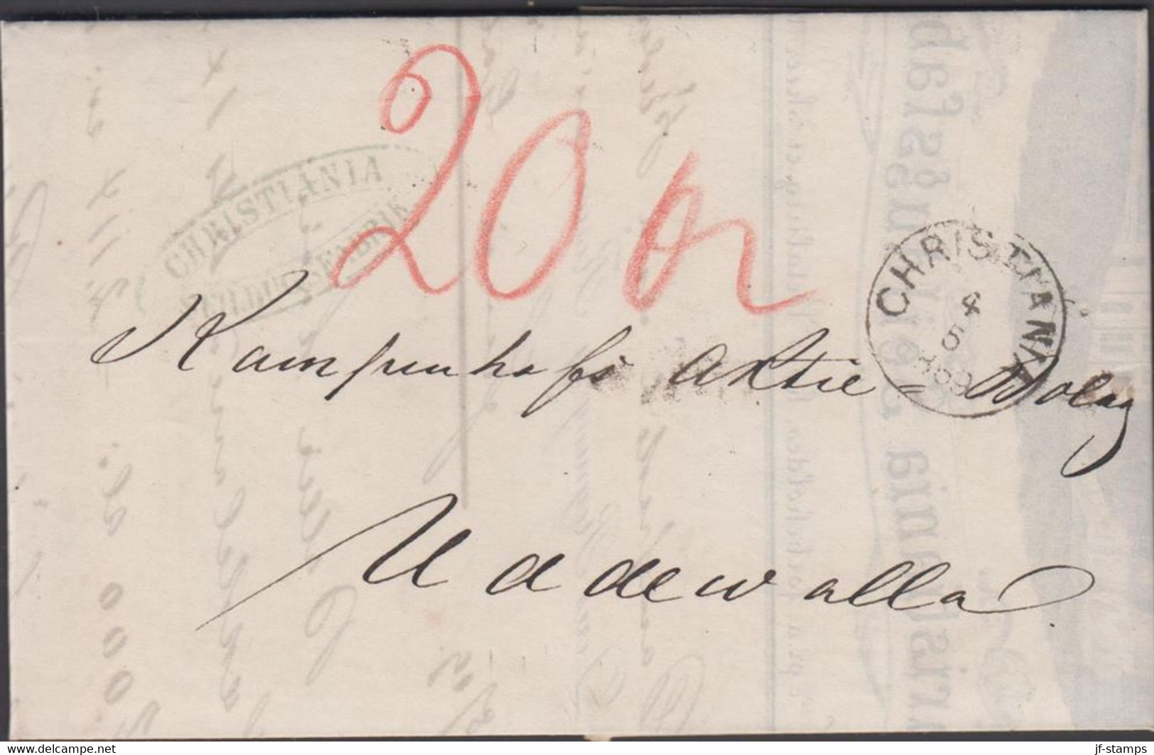 1869. NORGE. Nice Small Cover To Uddevalla, Sverige Cancelled CHRISTIANIA 4 5 1869. Marking 20 In Orange R... - JF427635 - ...-1855 Prephilately
