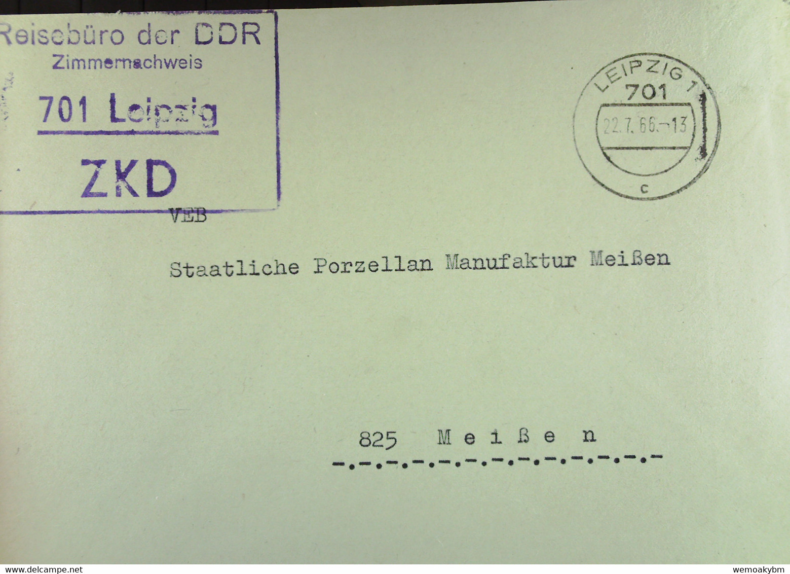 Fern-Brief Mit ZKD-Kastenstempel "Reisebüro Der DDR Zimmernachweis 701 Leipzig" 22.7.66 An VEB Porzellanmanufaktu Meißen - Service Central De Courrier